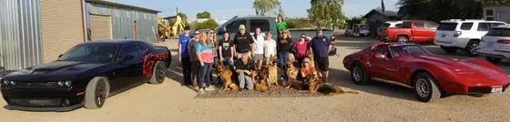 A group of people and dogs standing next to each other.