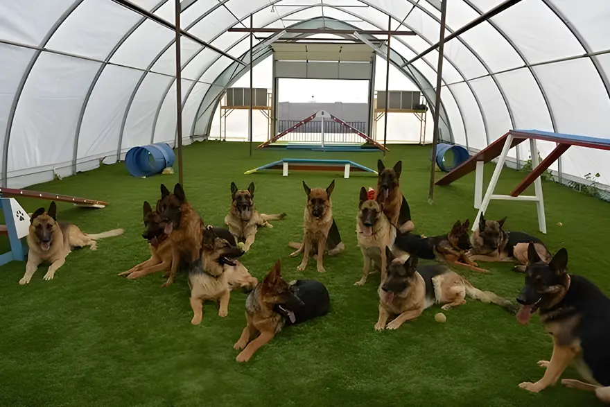 A group of german shepherds sitting in the grass.