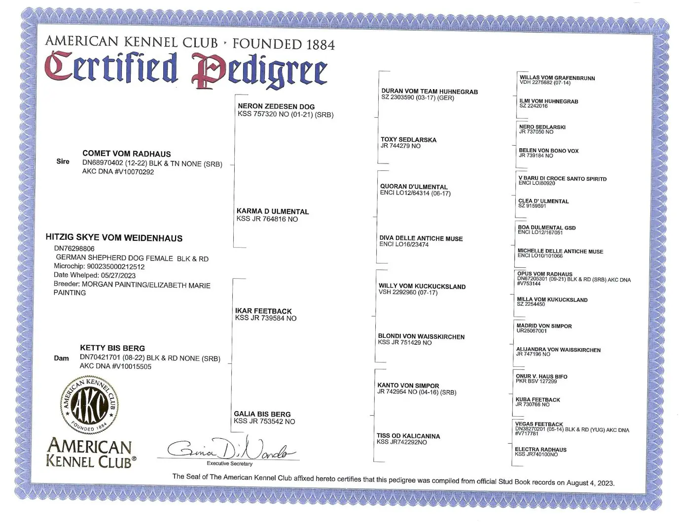 A certificate of registration for an american kennel club certified pedigree.